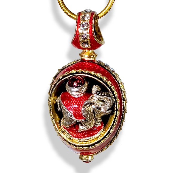 ELEPHANT STERLING SILVER Red Enamel Faberge Egg Pendant Garnets Swarovski Gold - Picture 3 of 4